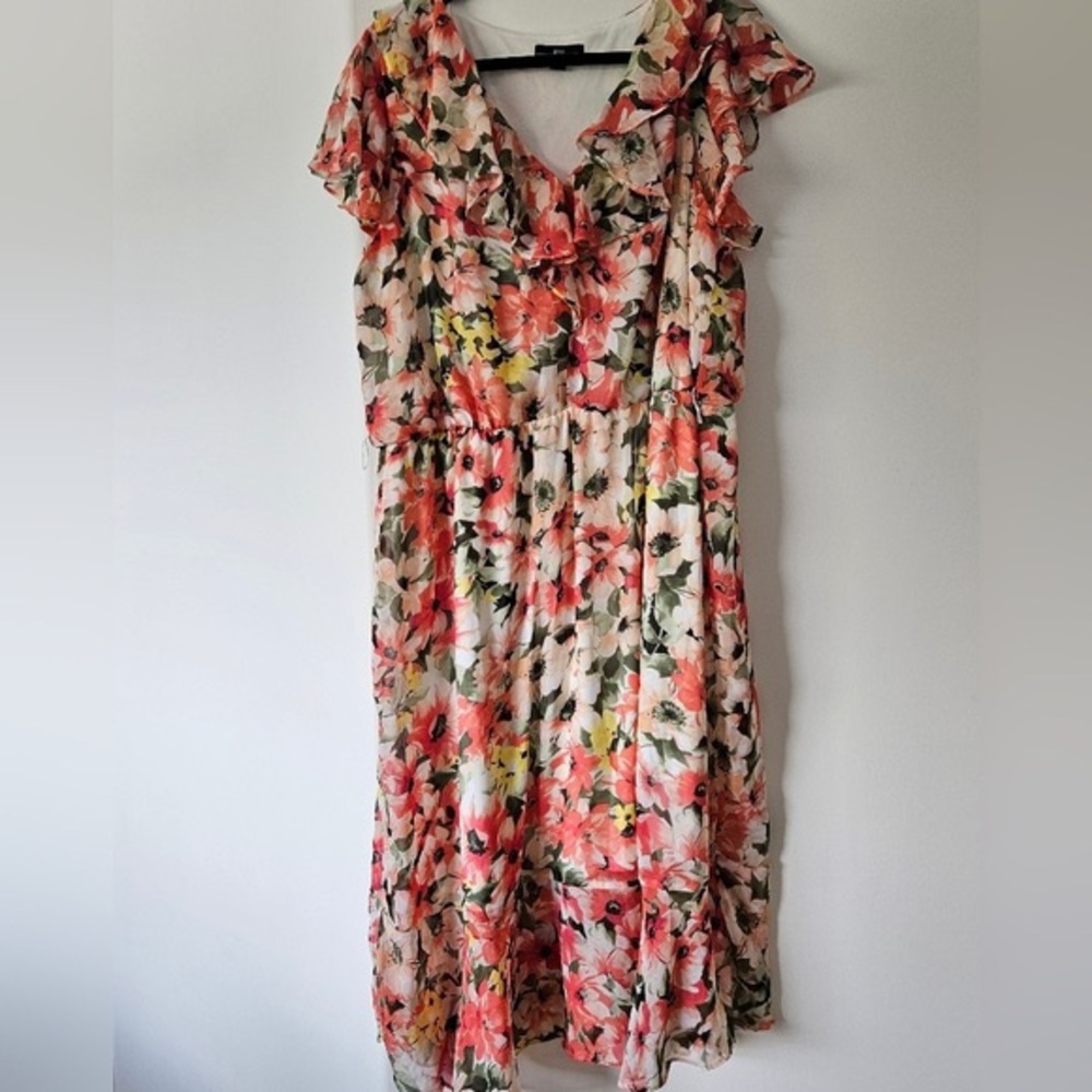 R&K Coral, Cream & Green Floral Ruffle Midi Dress